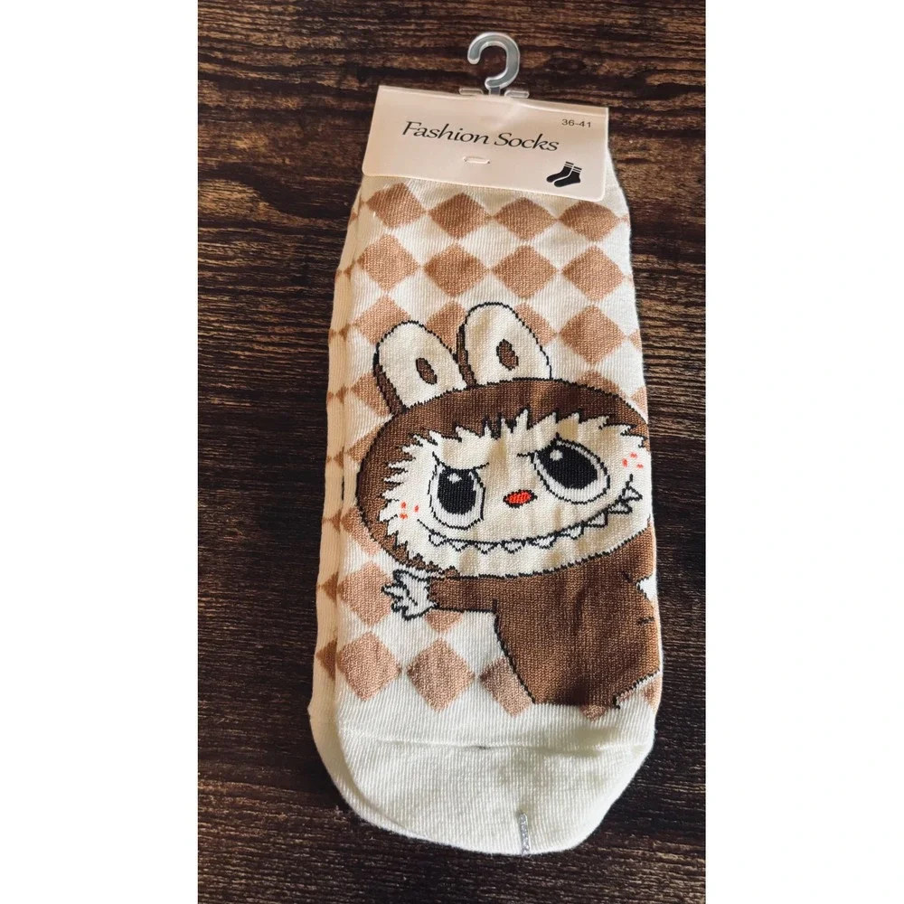 Labubu Character Argyle Ankle Socks Tan Cream Diamond Pattern New